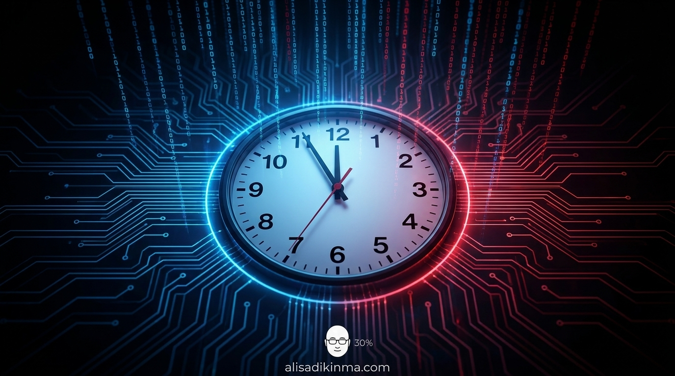 AI Safety Clock showing 18 minutes to midnight — the expert data the jury will never hear, rendered as an ominous analog clock surrounded by digital circuit patterns