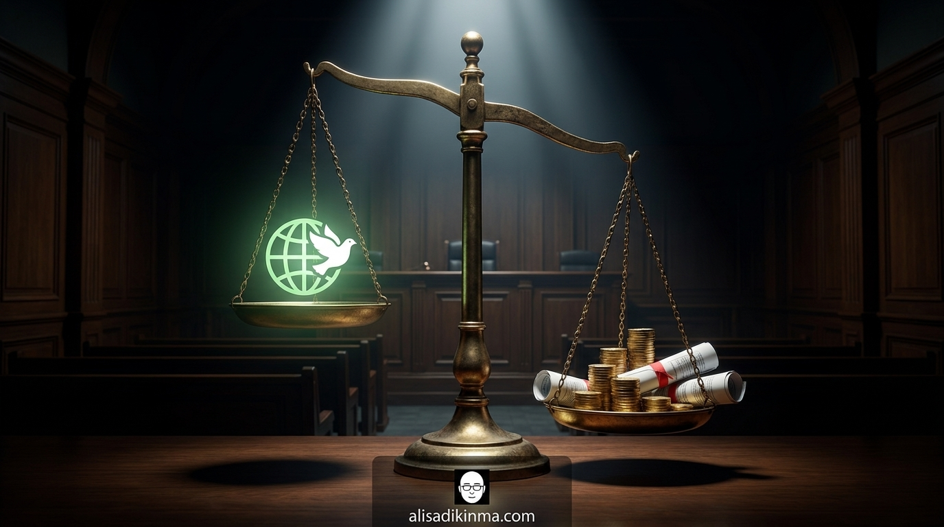 Balance scale with glowing nonprofit globe on one side and stacked gold coins on the other — the for-profit conversion at the heart of the lawsuit