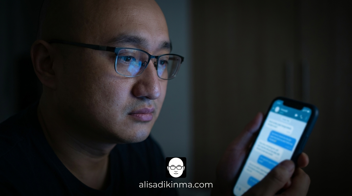 A young person alone at night, face illuminated only by phone screen showing a chat interface — conveying isolation, vulnerability, and the invisible scale of crisis unfolding in private moments.