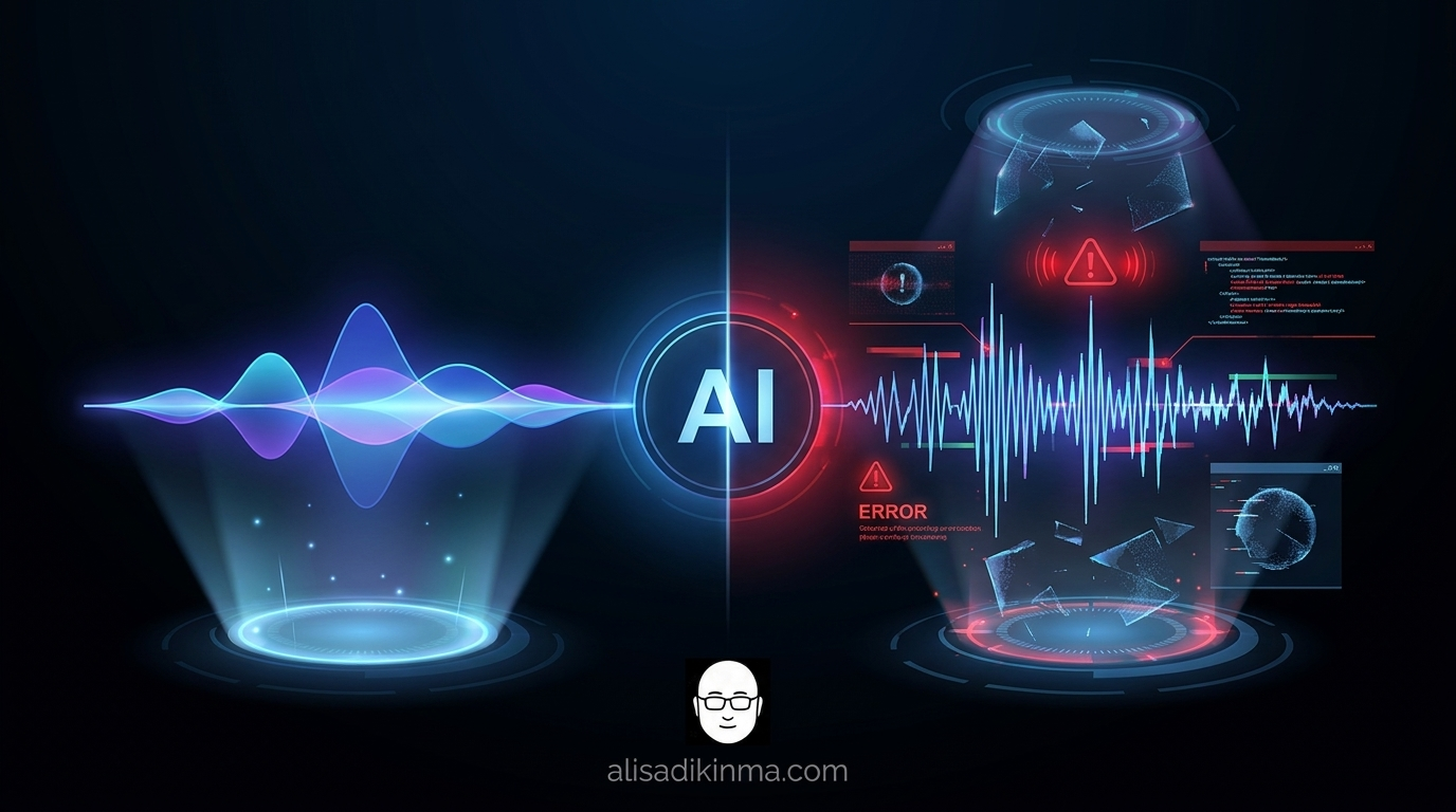 Split-screen contrast showing a sleek AI voice interface looking confident on the left, and the same interface failing a multi-step task on the right — fluency vs reasoning gap