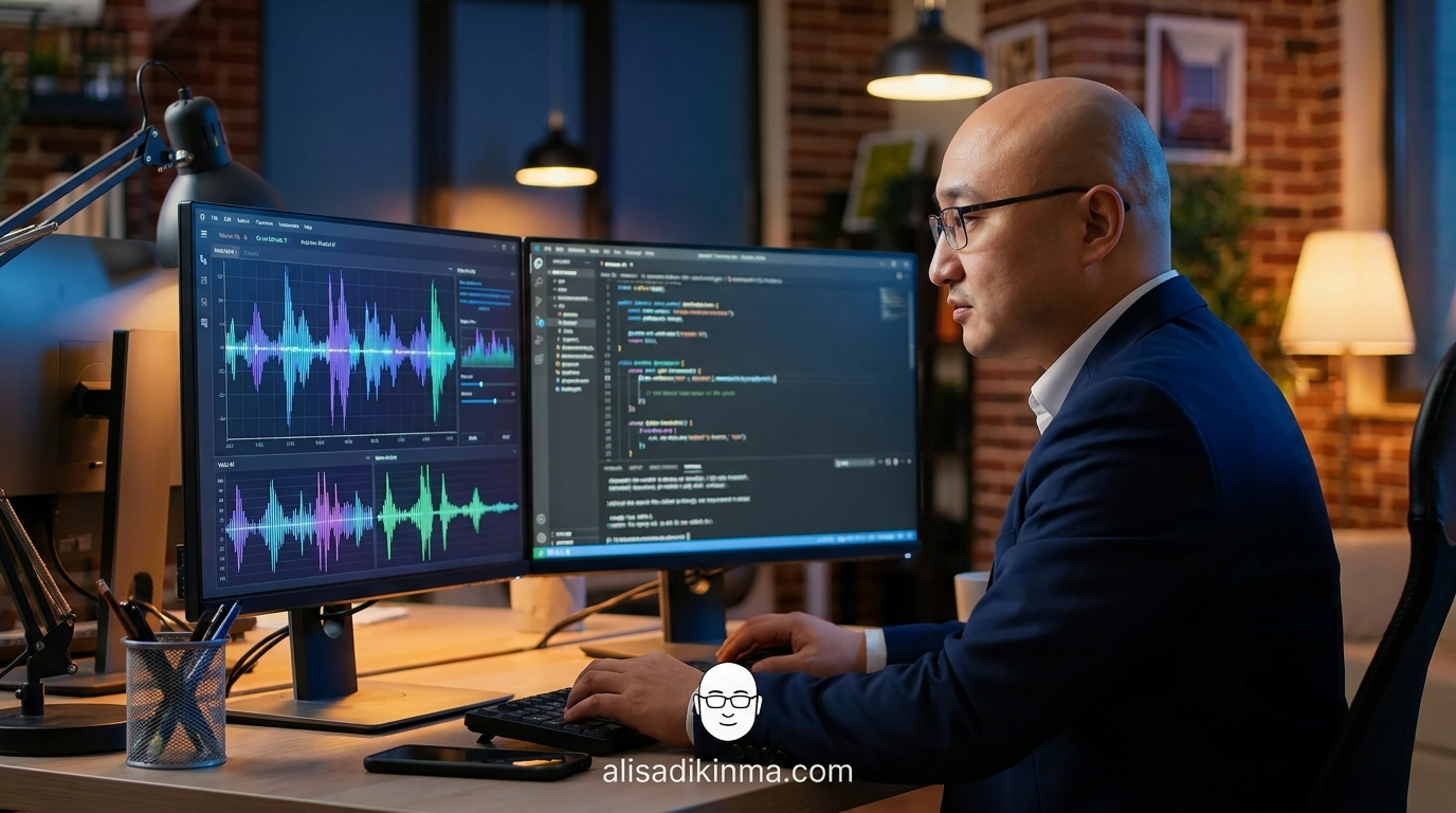 Developer in a modern workspace building a voice AI application — warm productivity lighting, dual monitors, sense of capability and forward momentum
