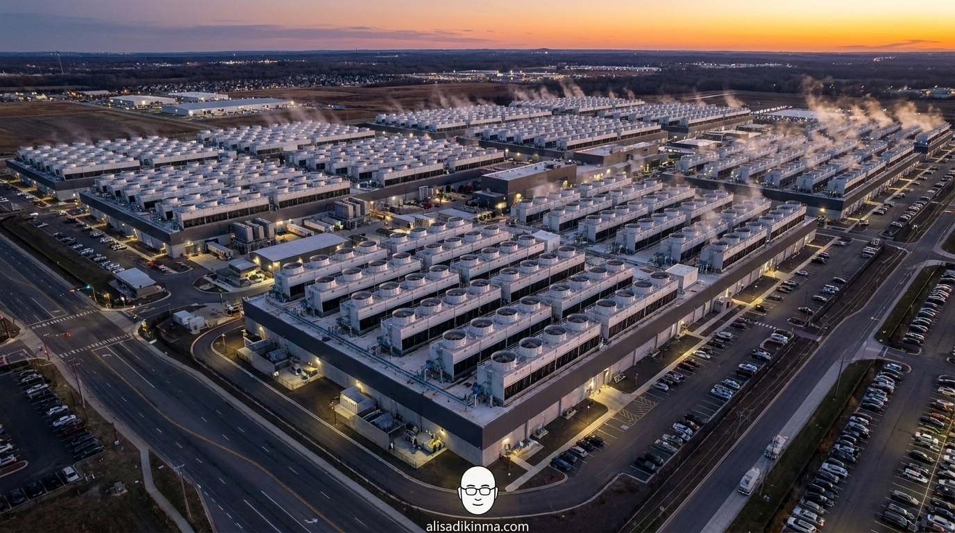 Aerial view of massive data center complex at dusk conveying the overwhelming scale of AI compute infrastructure