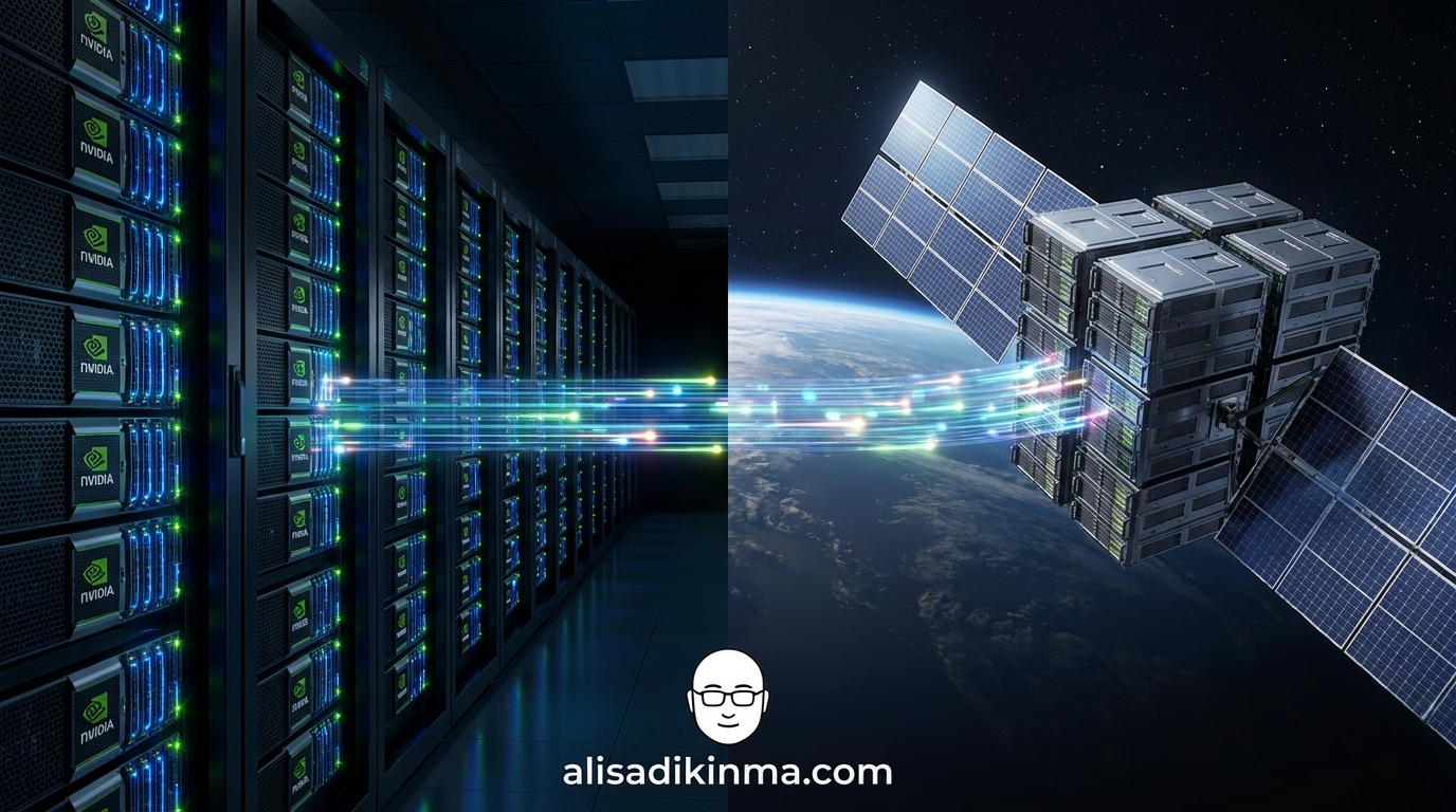 Dual world of AI compute: earth-bound GPU racks and orbital space-based AI infrastructure connected by glowing data stream