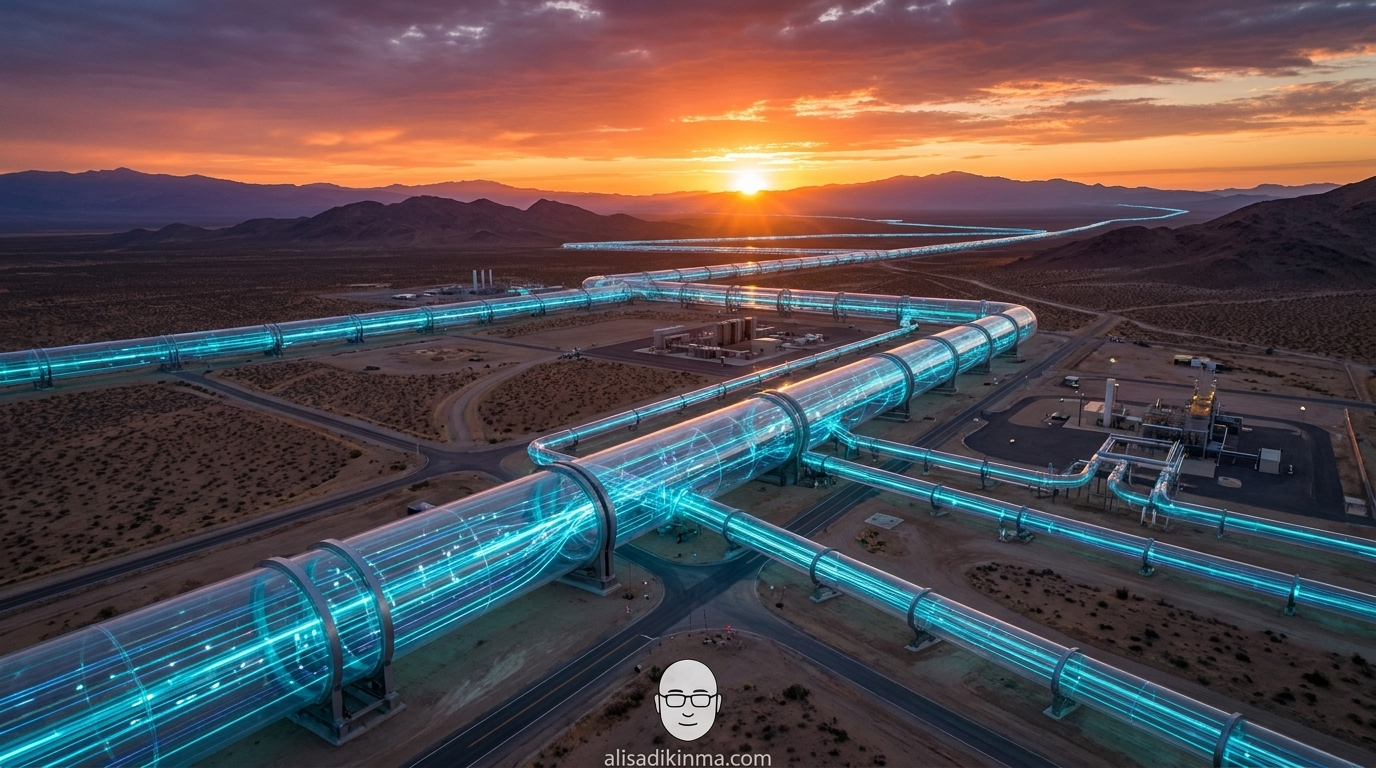 Compute as the new oil — reimagined pipeline stretching to horizon with fiber-optic data lines instead of crude oil
