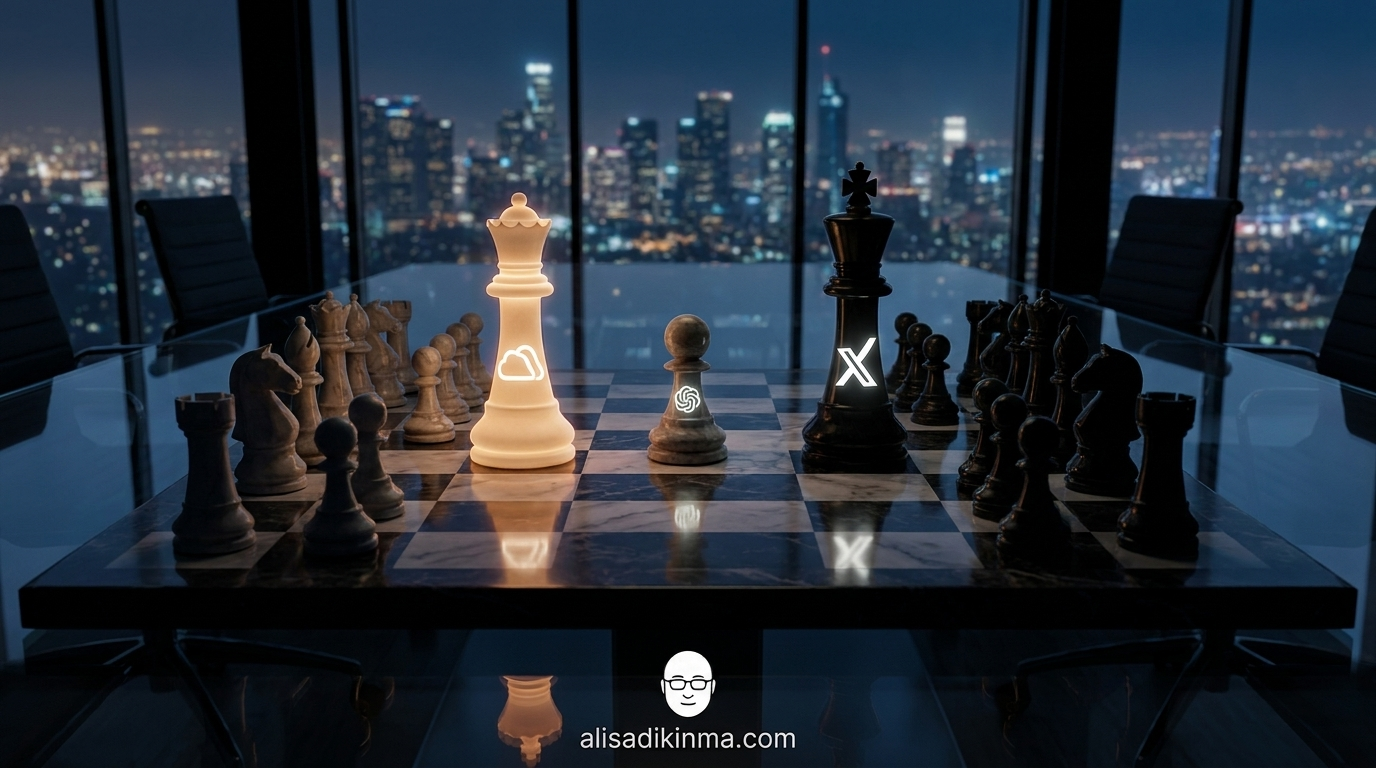 Chess board war-room showing AI company symbols as chess pieces in a high-stakes endgame — white queen (Anthropic), black king (xAI), center pawn (OpenAI) on a glass table with dramatic side-lighting, dark atmosphere conveying strategic tension.