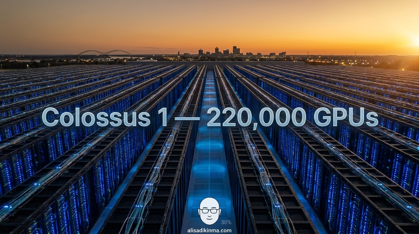 Cinematic aerial view of Colossus 1 data center in Memphis — endless rows of glowing server racks extending to the horizon in warm amber-blue color grade, conveying massive scale and the awe of computational infrastructure.