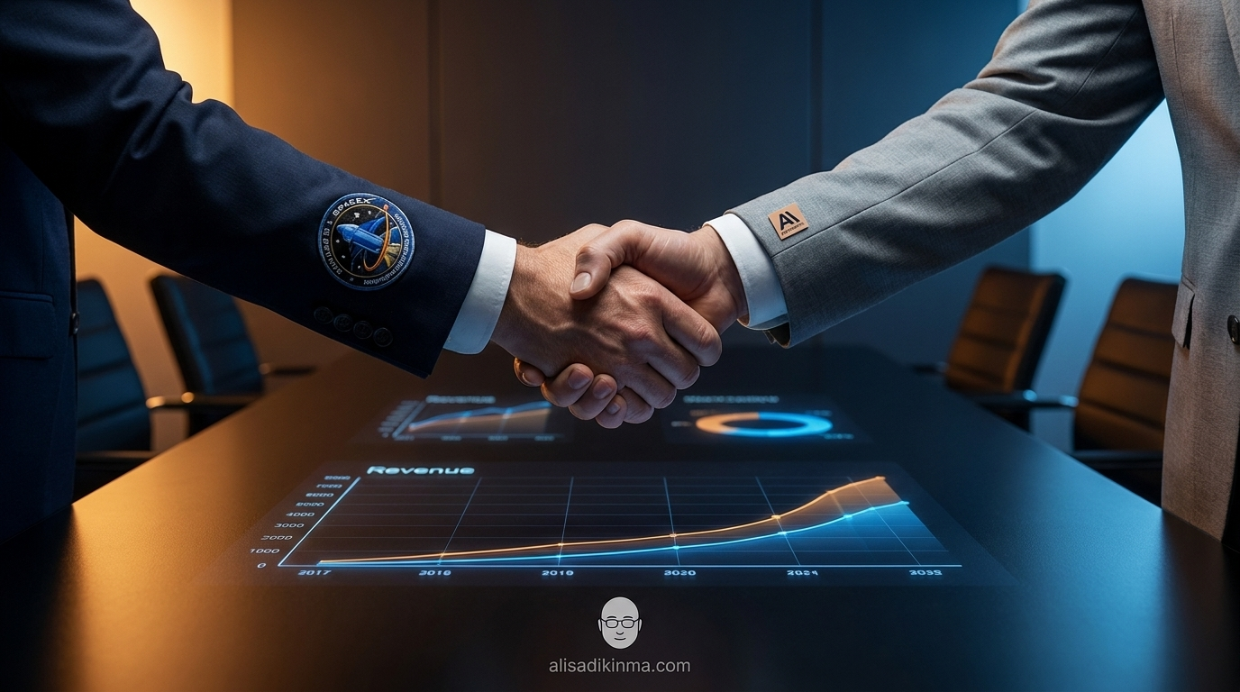 Boardroom handshake across a glowing table displaying AI revenue charts — one sleeve bears SpaceX mission patch, one bears Anthropic\'s logo mark; dramatic chiaroscuro lighting conveying the weight of the deal and a new strategic alliance.