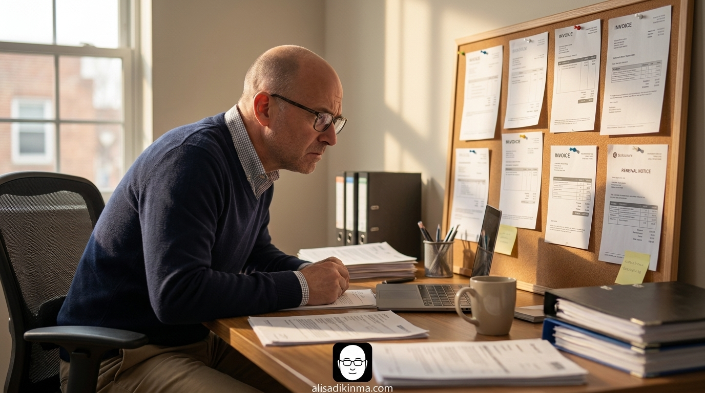 Frustrated school administrator at desk surrounded by printed software subscription invoices — visual metaphor for the structural budget trap that schools face