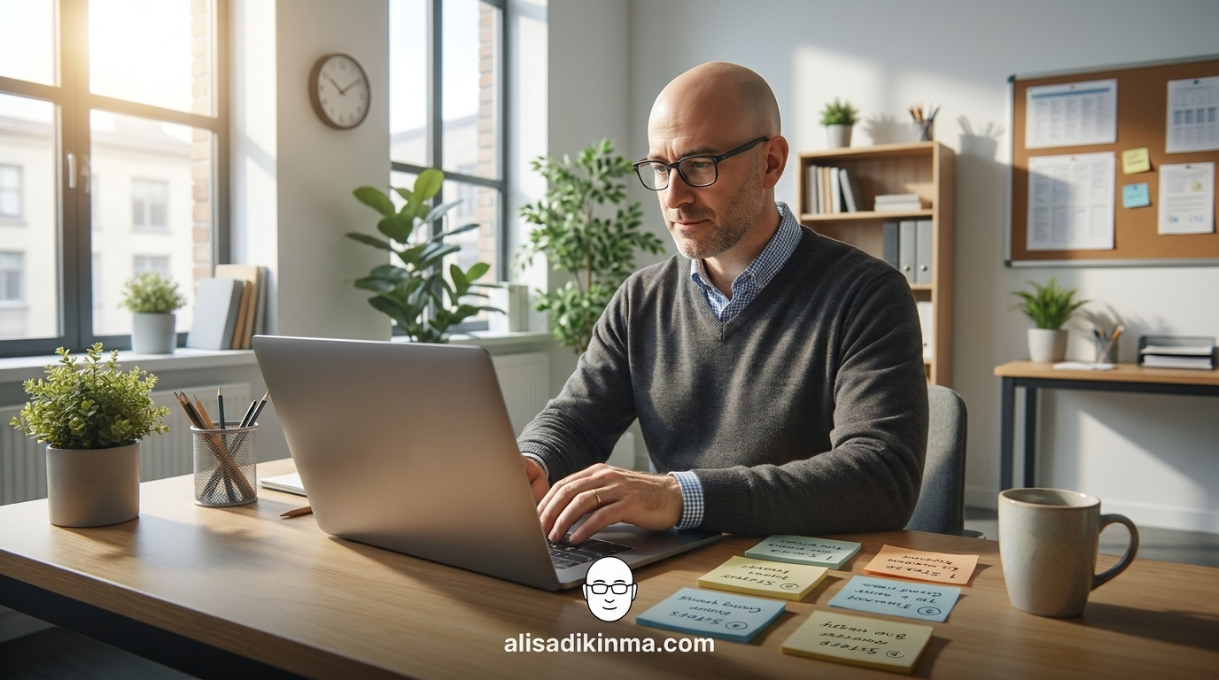 School administrator confidently building a custom app with Claude Code — methodical and focused, clean modern school office setting that signals this is achievable for anyone