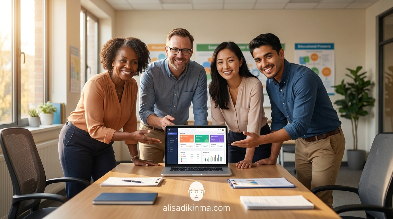 Diverse team of school administrators and teachers celebrating around a laptop — the moment of collective achievement after successfully building their own custom educational app