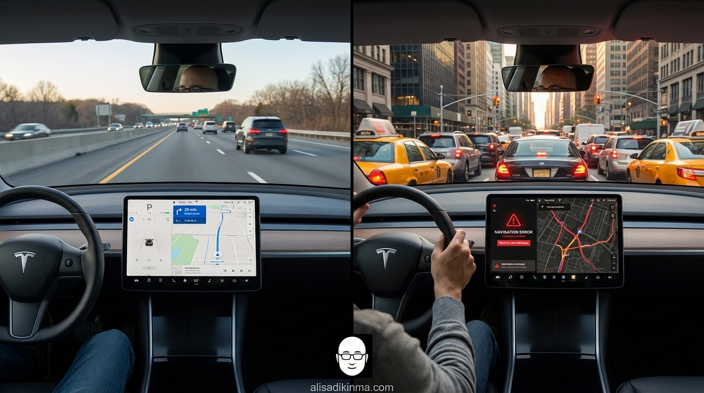 Split composition: left side shows Grok working perfectly in calm highway conditions; right side shows dense NYC traffic with navigation error on screen.