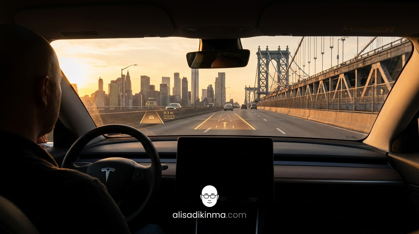 Wide-angle Tesla cockpit view over Manhattan bridge at golden hour — road ahead open, AI navigation HUD overlay on windshield, technology used wisely. Aspirational, grounded.