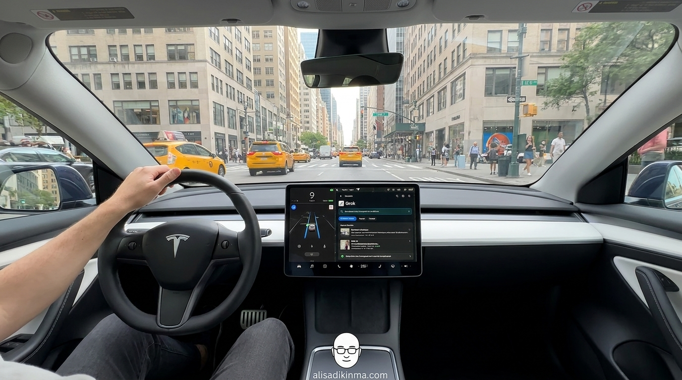 Tesla interior cockpit — hand resting on steering wheel, Grok interface active on touchscreen, Manhattan street visible through windshield. Aspirational, tech-forward, bright daylight.