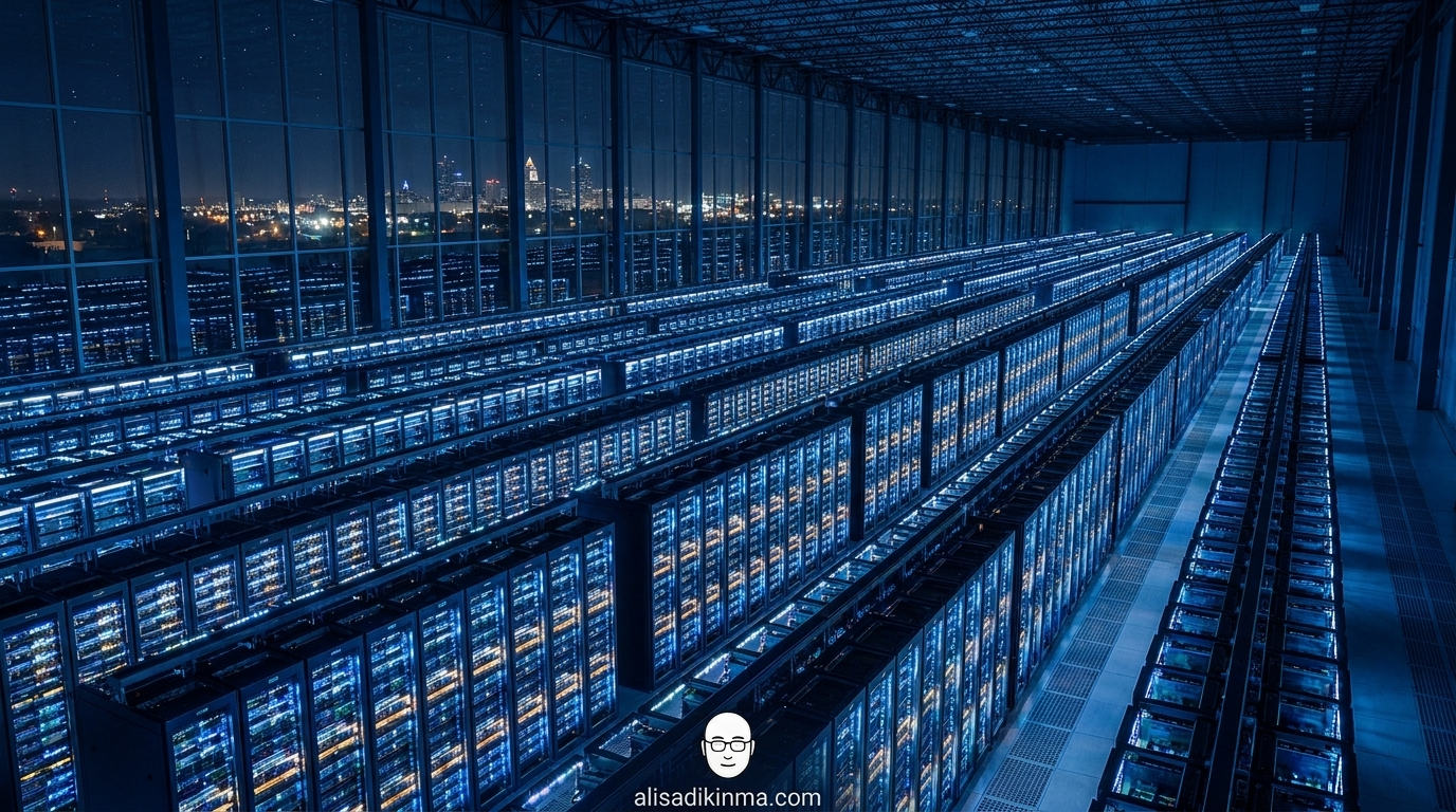Massive GPU data center at night — 220,000 GPU racks glowing with the scale of Anthropic\'s new compute backbone