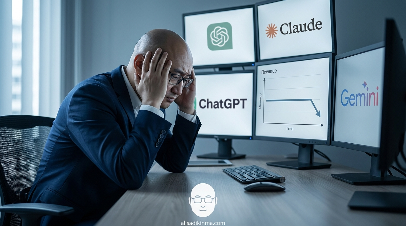 Frustrated executive surrounded by AI tool logos on screens, staring at a flatline P&L chart — visual metaphor for AI investment without results