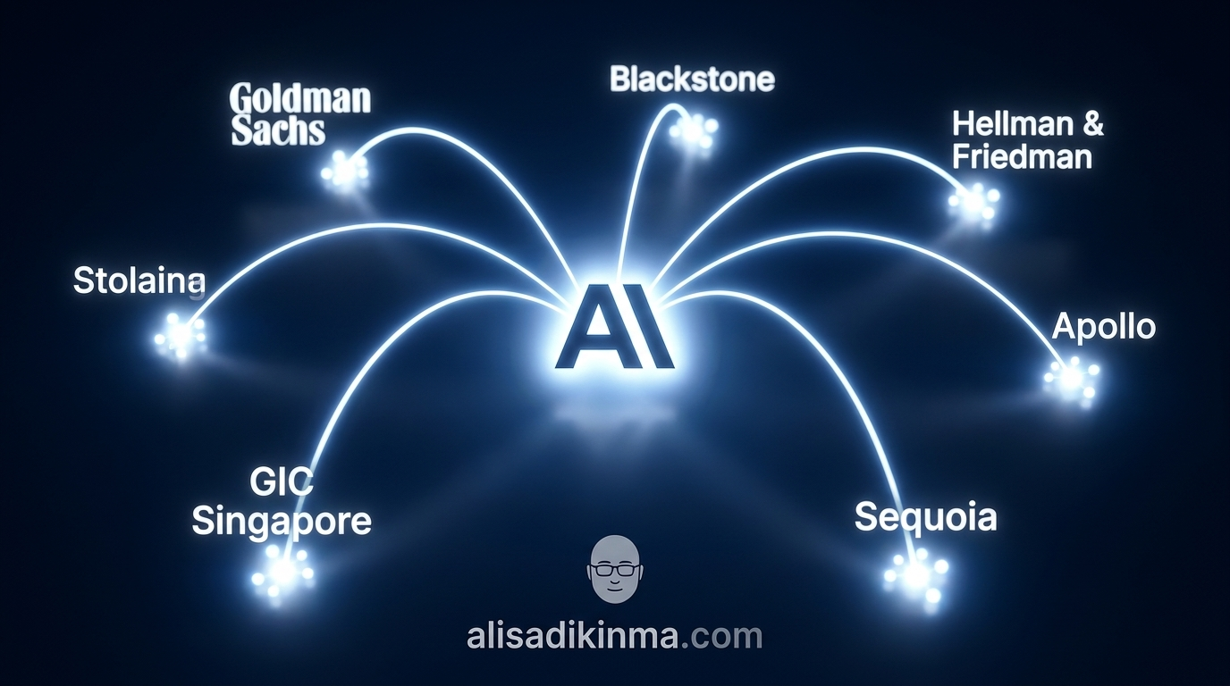 Stylized network diagram of the JV partnership — Anthropic at center connected to Goldman Sachs, Blackstone, H&F, Apollo, Sequoia by glowing lines on dark background