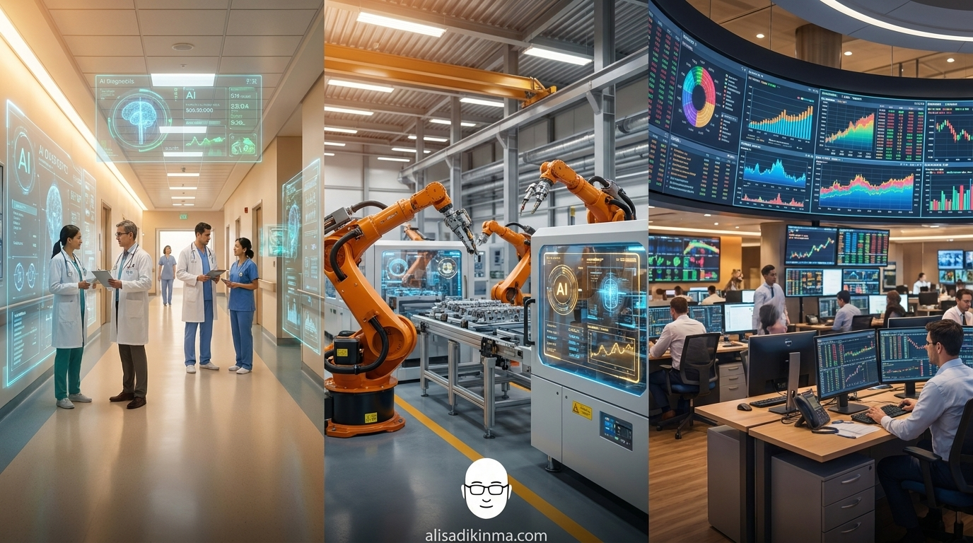 Triptych showing three industries transformed by AI: hospital corridor with AI diagnostic overlay, smart factory floor with robotic arms, financial trading floor with real-time data visualization — optimistic, clean lighting