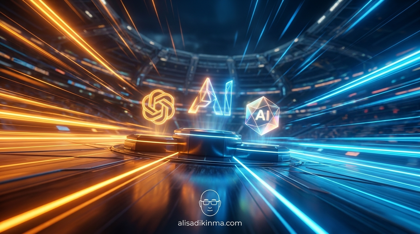 AI market competition race — three abstract AI assistant emblems on a stylized competitive podium, fierce motion blur energy, neon-lit tech arena aesthetic