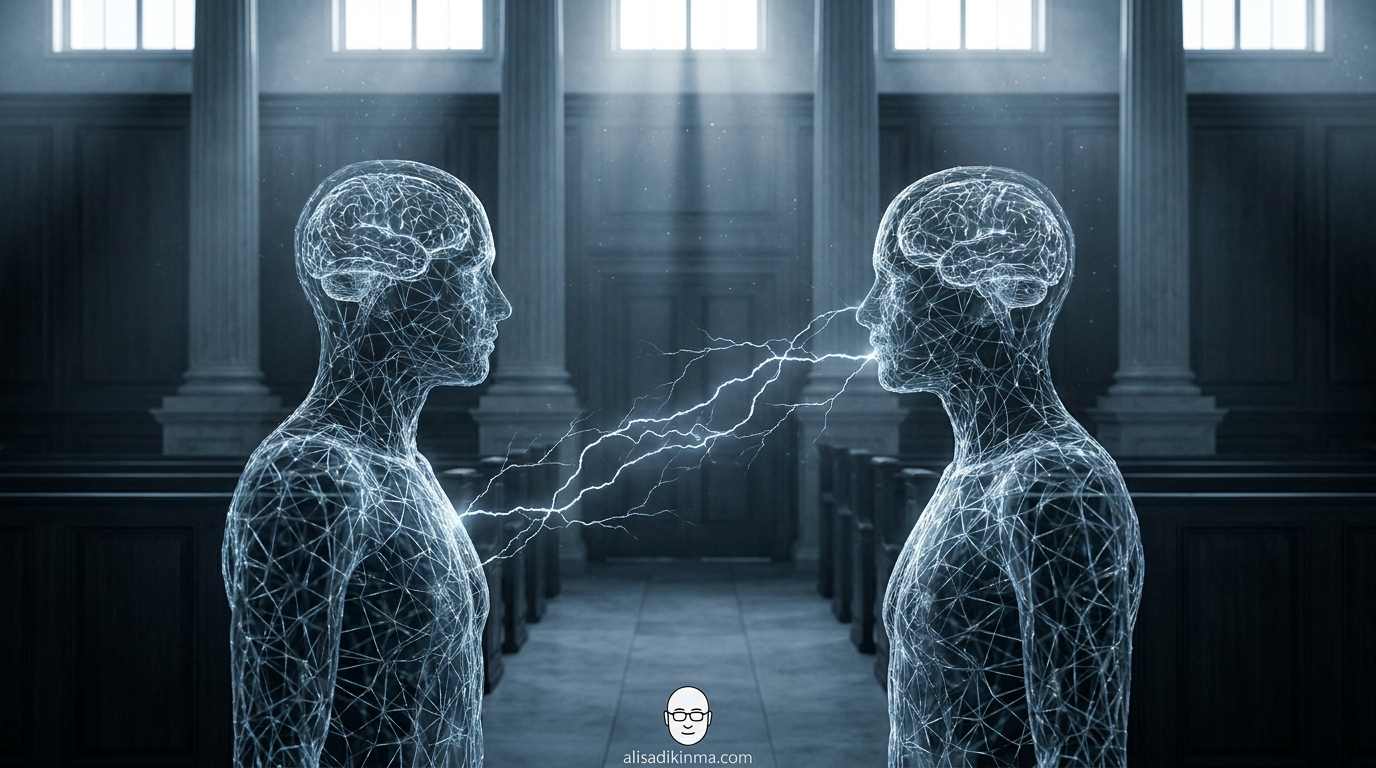 Two tech giants in legal standoff — abstract courtroom silhouettes with AI circuit-board motifs, blue-grey cinematic palette, tension and confrontation energy