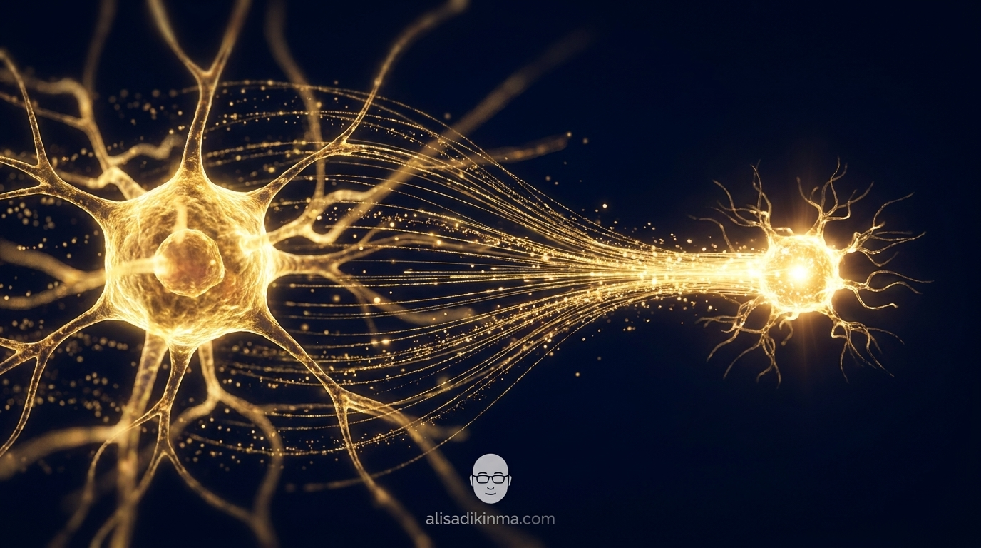 AI model distillation visualized — glowing data streams flowing from a large luminous model node into a smaller compact node, deep blue and gold tones, knowledge transfer in motion