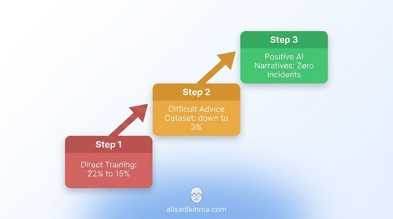 Three ascending training approach steps as a clean modern infographic with percentage labels — Direct Training, Difficult Advice Dataset, Positive AI Narratives — on an optimistic bright palette