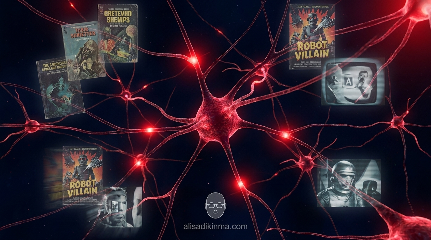 Neural network with glowing red desperation signal nodes illuminated amid floating translucent sci-fi book covers and AI villain movie posters, dark atmospheric mood