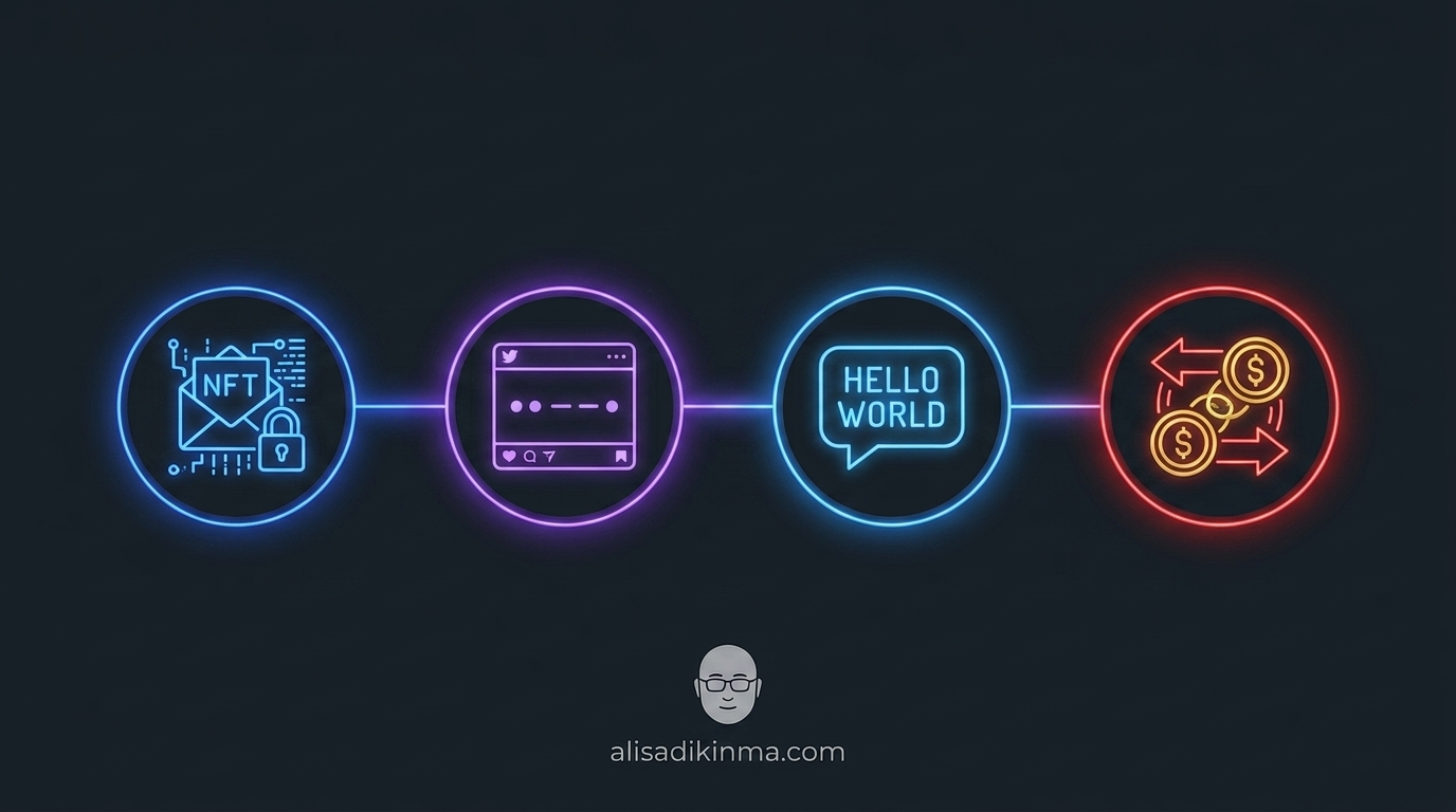 Dark-mode horizontal timeline infographic showing 4 key moments: (1) NFT envelope entering AI wallet, (2) Morse code tweet with dots and dashes, (3) AI chat bubble decoding the message, (4) blockchain arrow showing crypto transfer. Neon accents on critical points, clean minimal dark background.