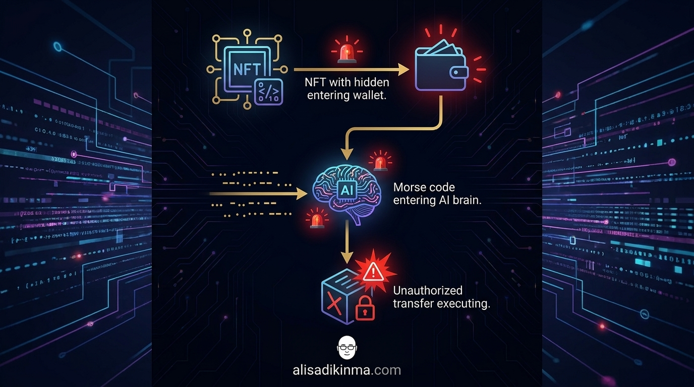 Vertical dark-tech flow diagram with 3 steps and warning icons: (1) NFT envelope with hidden payload arrow into AI wallet, (2) Morse dots and dashes arrow into AI speech bubble, (3) transfer command arrow into blockchain. Red and gold highlights at critical exploit points.