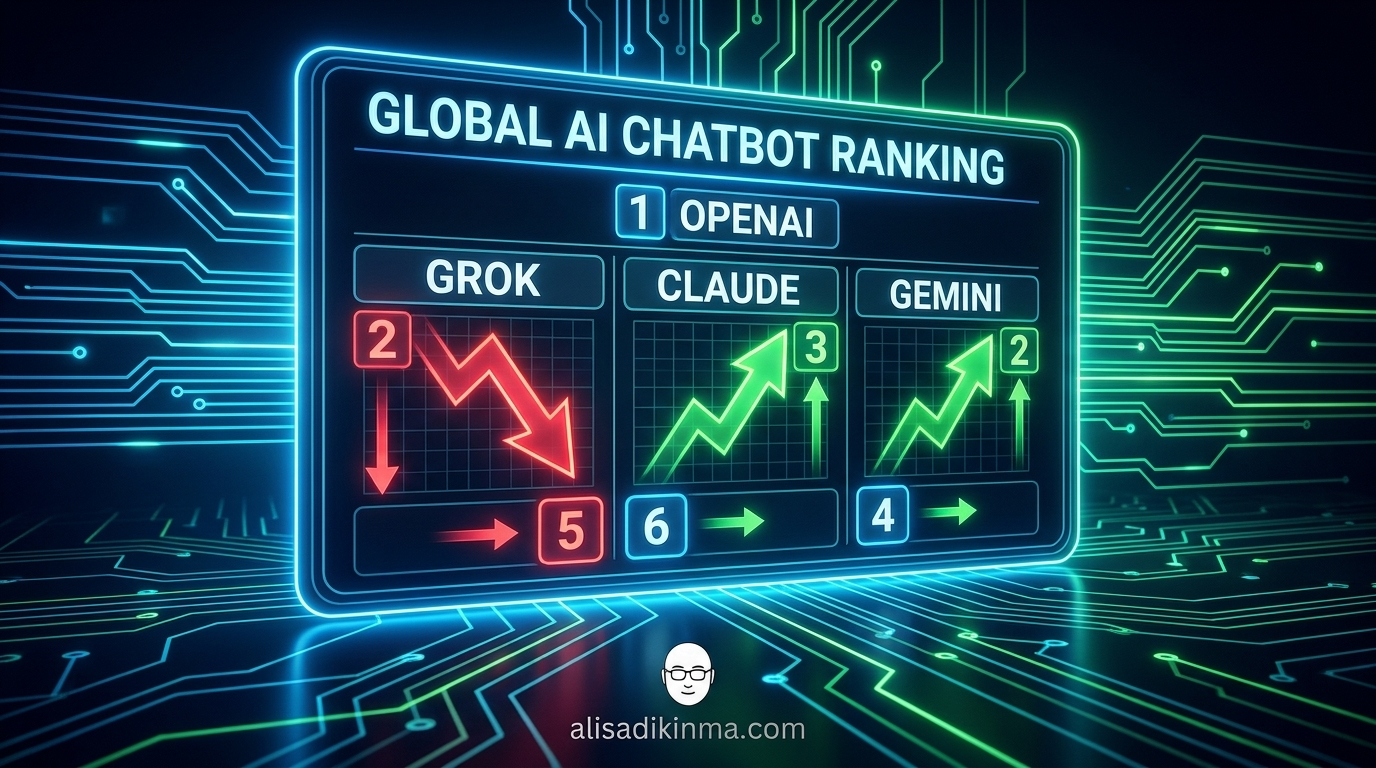 Clean editorial data visualization: AI chatbot ranking scoreboard showing Grok dropping from #2 to #5 with red downward arrows, while Claude and Gemini show green upward arrows.