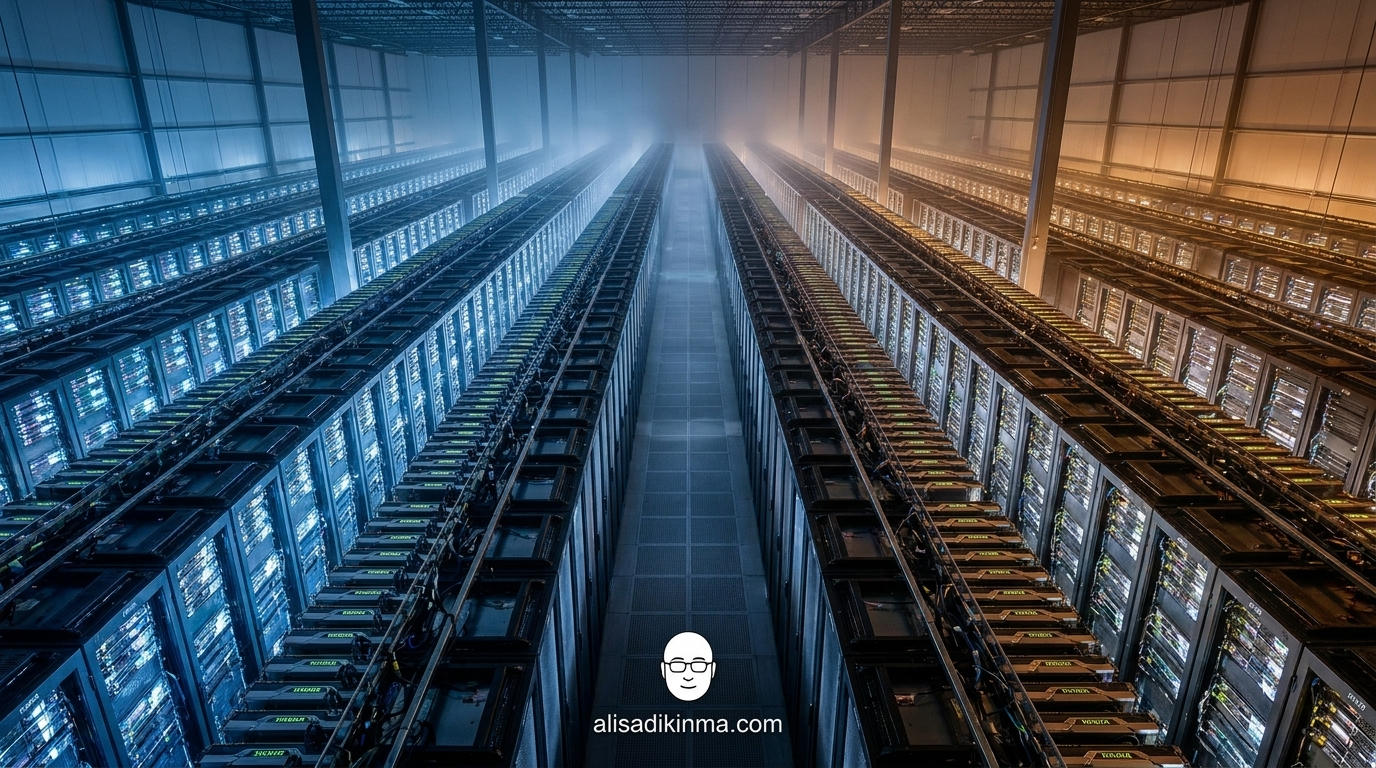 Photorealistic editorial: massive GPU data center representing Colossus 1 in Memphis, bathed in cool blue-white server lighting, suggesting two rival tech empires sharing the same infrastructure.