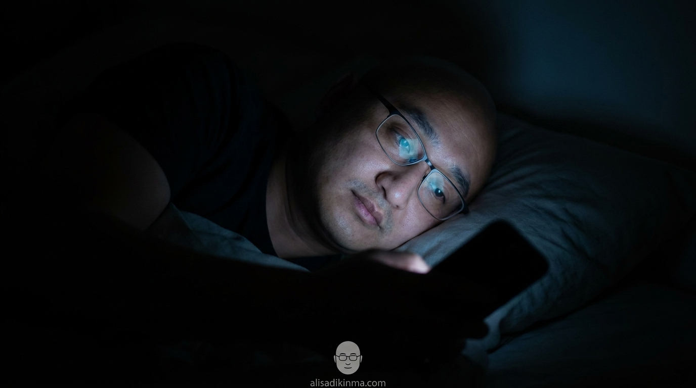 Young adult lying in bed at night, face illuminated only by phone screen glow, isolated and slightly ominous mood.