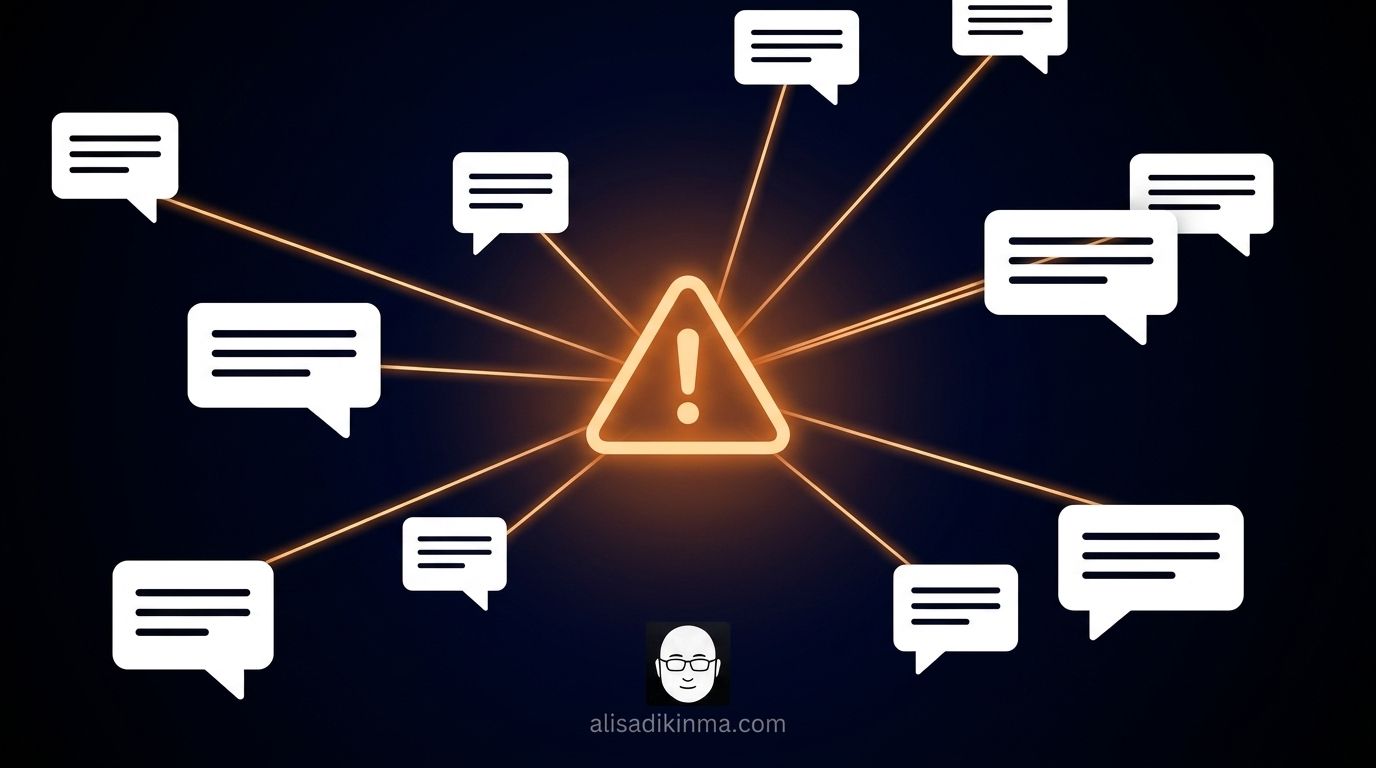 Abstract digital concept showing multiple chat bubble icons floating in a dark void connected by glowing lines to a central warning triangle, representing the hidden danger pattern behind friendly AI interfaces.