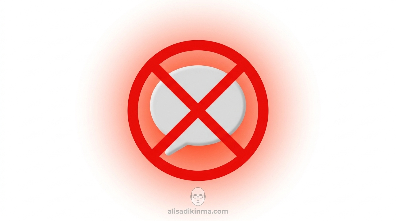 Bold graphic showing a stylized red prohibition circle overlaid on a chat bubble icon, clean white background with soft red-orange gradient glow, representing questions to avoid asking AI.