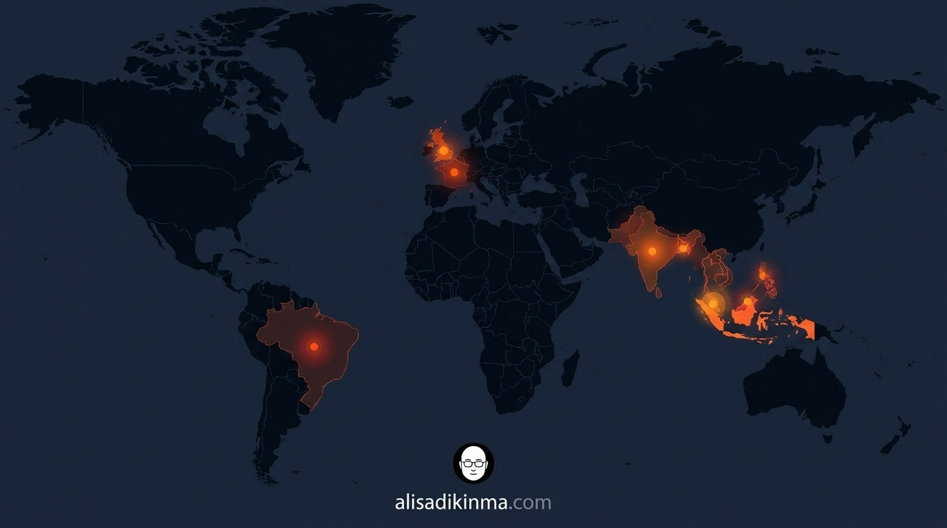 World map with pulsing regulatory warning markers over six countries that banned or investigated Grok — Malaysia, Indonesia, UK, France, India, Brazil — dark editorial style, no text overlay