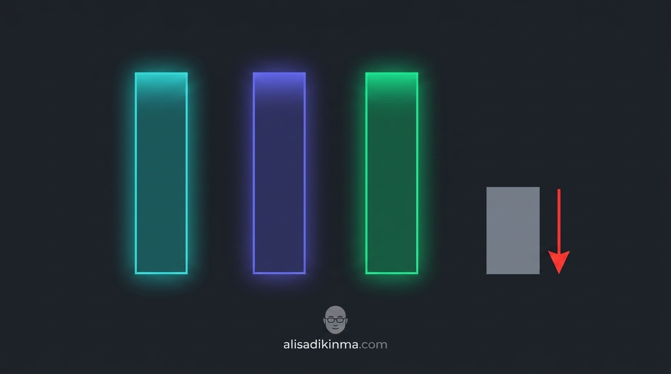 Minimalist data visualization comparing four AI assistants by App Store rank — ChatGPT, Claude, Gemini tall and steady; Grok notably shorter with a declining arrow; clean dark background