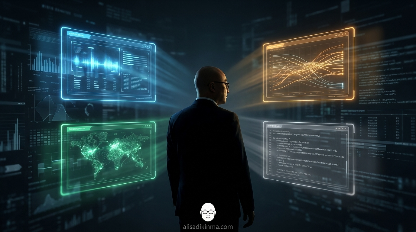 A contemplative person at a digital crossroads surrounded by glowing holographic AI interfaces representing different choices; thoughtful decision-making mood; no brand logos, no text overlay
