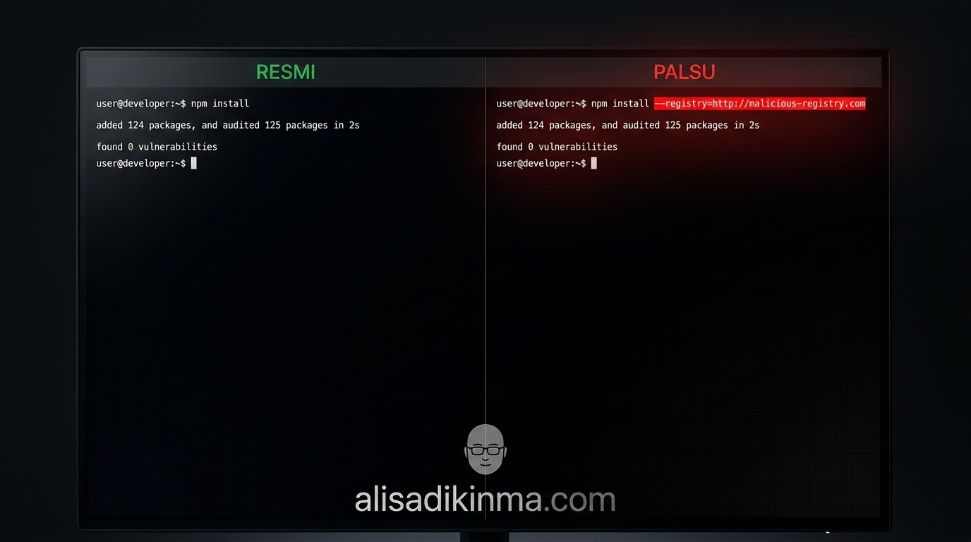 Side-by-side terminal comparison showing legitimate Claude Code npm install command next to malicious command with attacker domain highlighted in red