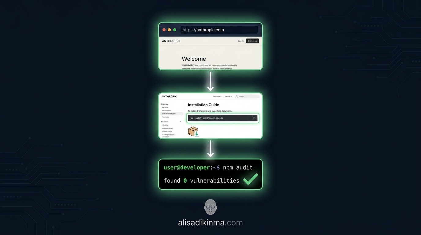 Clean minimal 3-step safe installation flowchart showing direct URL access, official docs command copy, and npm audit verification with soft green confirmation icons