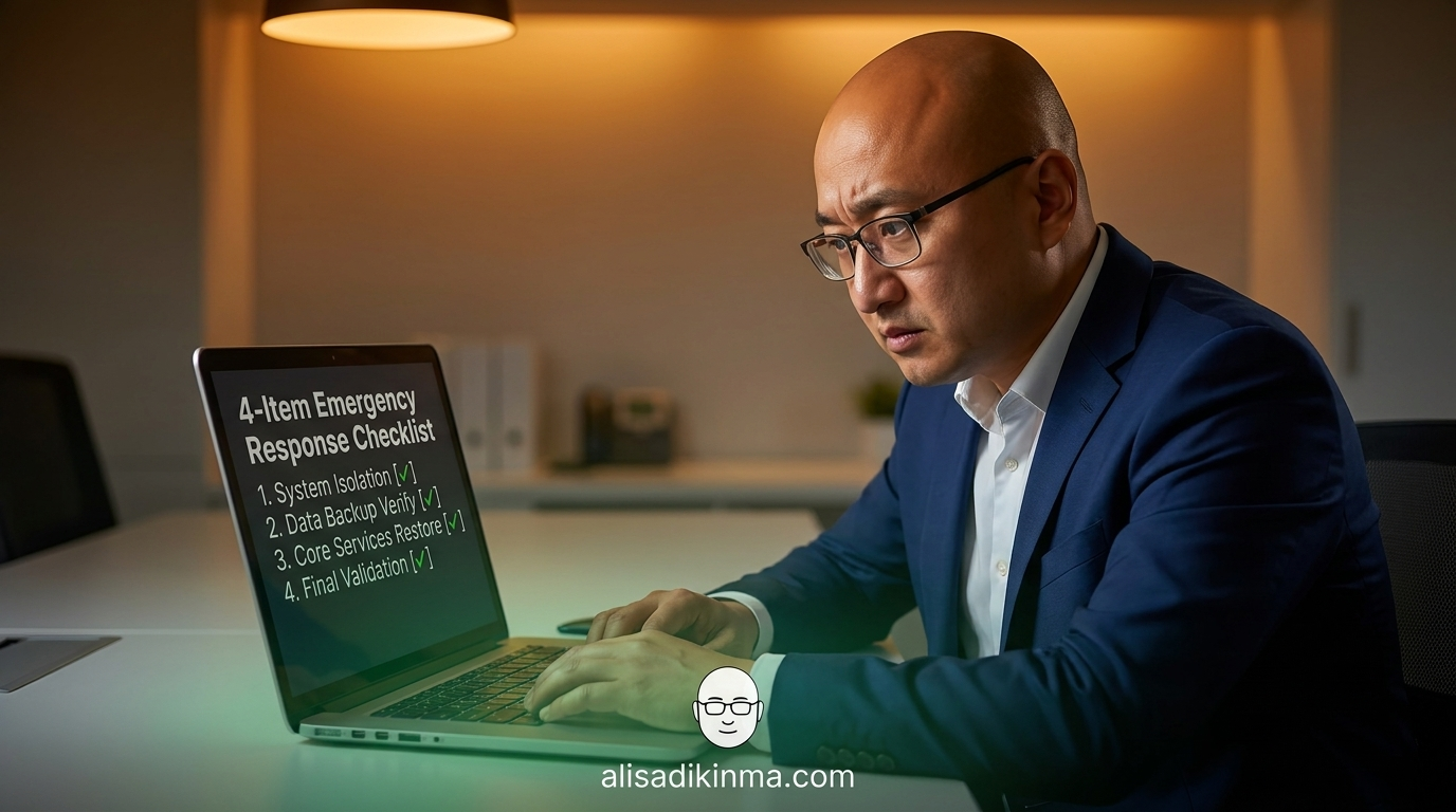 Urgent but calm incident response checklist showing a developer at a laptop with 4 numbered emergency steps on screen, warm amber lighting transitioning to resolved green glow at bottom