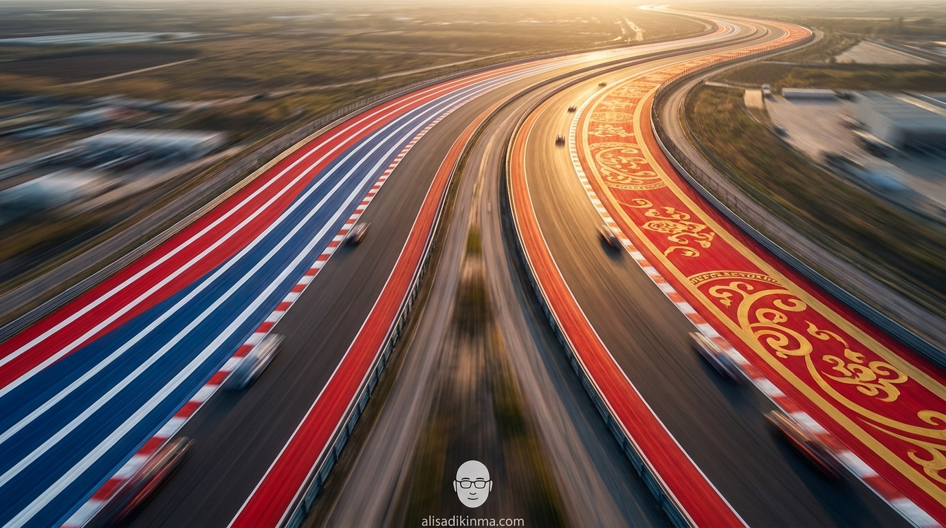 Aerial view of two parallel racing tracks — US flag colors vs China flag colors — gap dangerously narrow, high-speed motion blur
