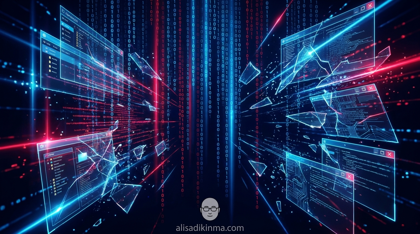 Abstract cyberattack in progress — cascading code streams and cracking OS interfaces in dark blue and crimson, no readable text on screens
