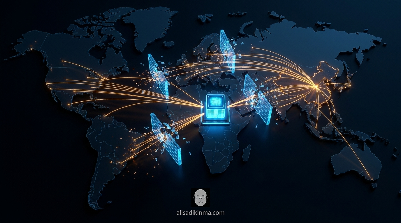 Stylized world map with connection lines from China blocked by a firewall before reaching a secure data center node — network visualization in amber and blue