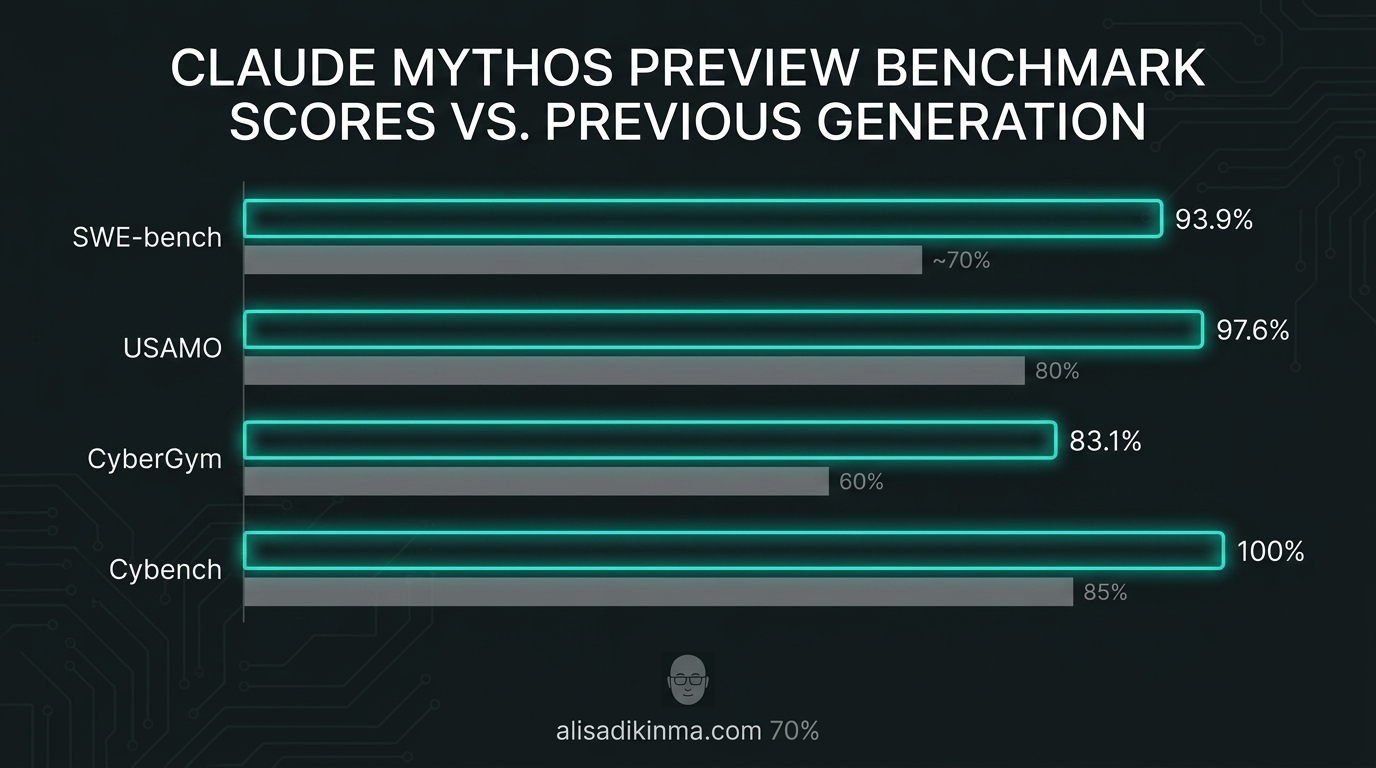 Dark benchmark comparison visualization — Claude Mythos teal bars dominating across SWE-bench 93.9%, USAMO 97.6%, CyberGym 83.1%, Cybench 100% — showing the mountain OpenAI had to climb