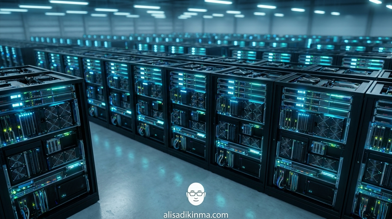 Birds-eye cinematic view of row upon row of GPU server racks inside a vast data center, cool blue LED ambient light creating an otherworldly glow, shallow depth of field making foreground racks crisp while background fades — conveys massive scale and cutting-edge technology