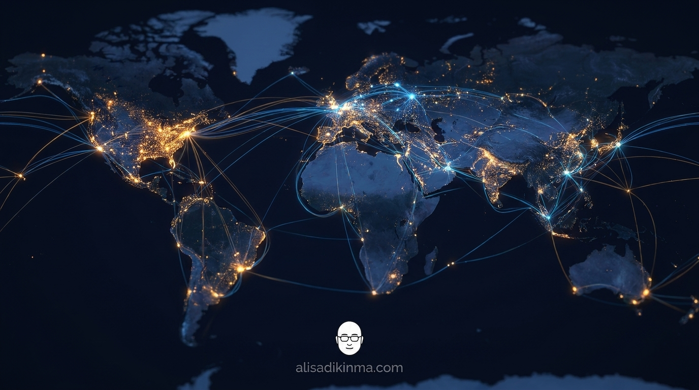 Stylized world map with glowing connection nodes representing data centers across the United States and beyond, nodes connected by bright fiber-optic-style light trails, warm amber and cool blue contrast, cinematic depth — conveys global AI infrastructure competition at scale