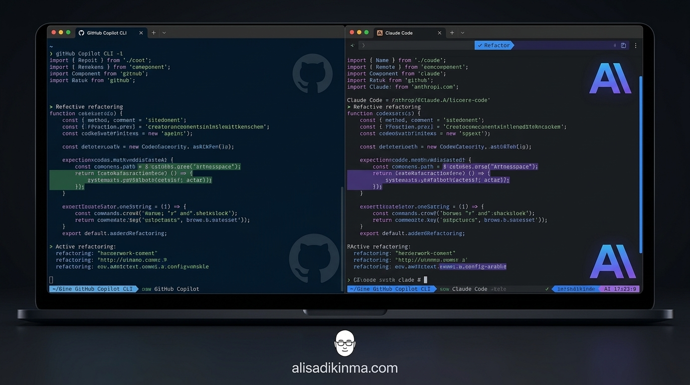 Split-screen comparison of GitHub Copilot CLI and Claude Code terminals side by side — both actively processing a coding task, visualizing the objective head-to-head metric comparison