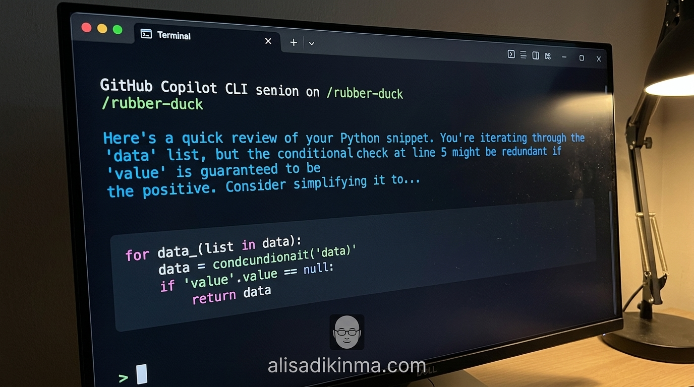 GitHub Copilot CLI terminal showing the /rubber-duck command in action — the new independent critique agent reviewing code before commit, representing the new agentic features shipped in v1.0.51
