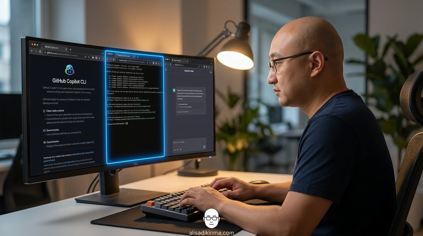 Developer at a clean modern workstation with multiple browser tabs showing GitHub Copilot, Claude Code, and OpenAI Codex — one tab highlighted in electric blue indicating a deliberate decision being made