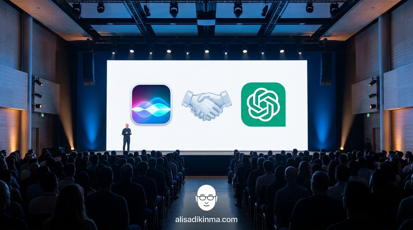 Apple WWDC-style keynote stage with Siri and ChatGPT logos side by side, representing the hopeful optimism of the June 2024 partnership announcement