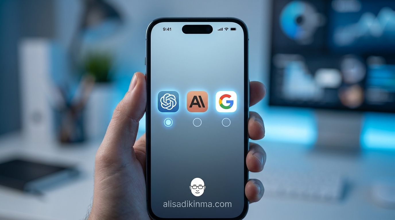 Three competing AI model logos displayed on an iPhone settings screen, representing Apple\'s shift to a multi-model strategy where users choose between ChatGPT, Claude, and Gemini